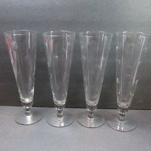 set of 4 polka dot clear glass champagne flutes barware glasses - Picture 2 of 8